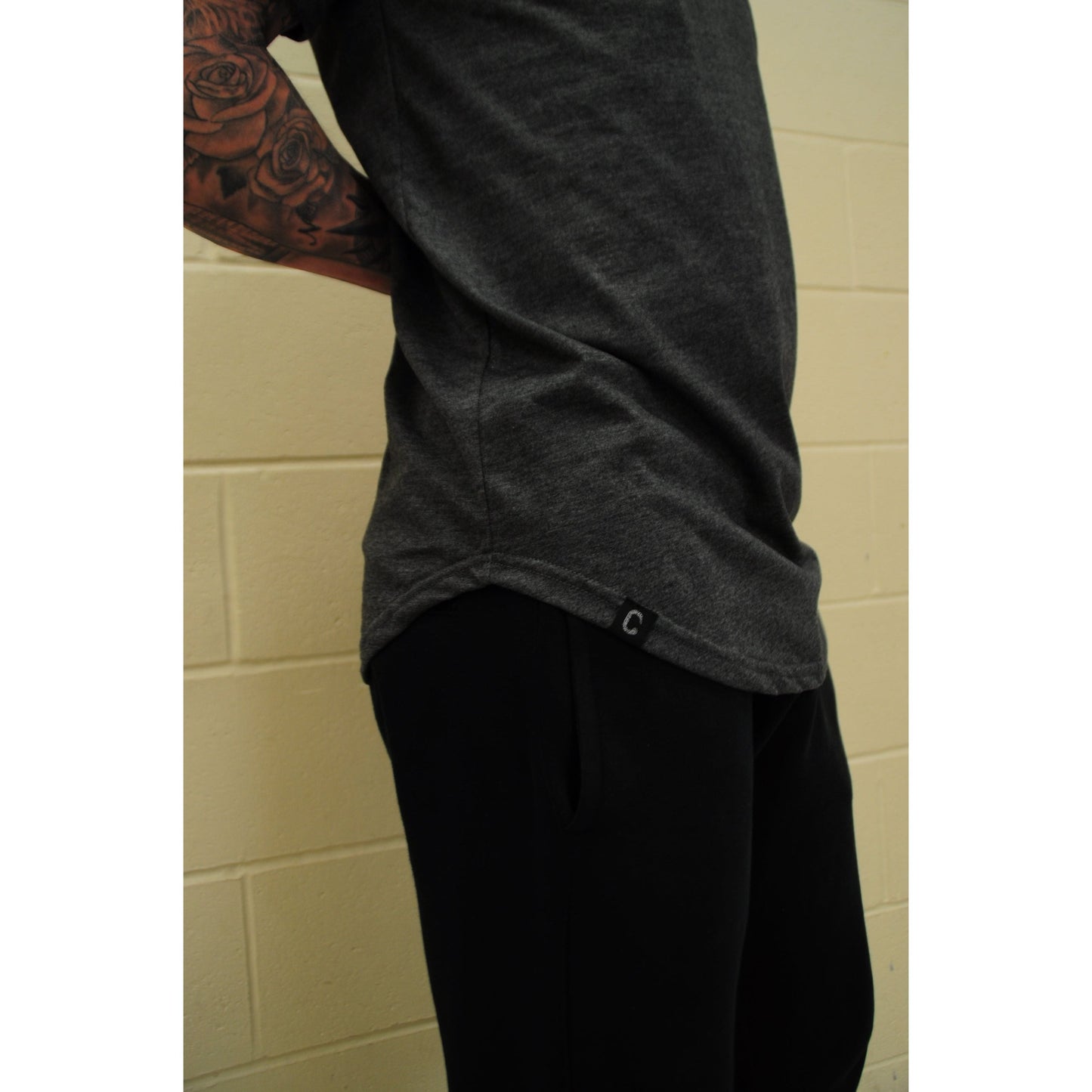 The Closet Inc Men Curved Hem T-Shirts “ Charcoal With Clear C
